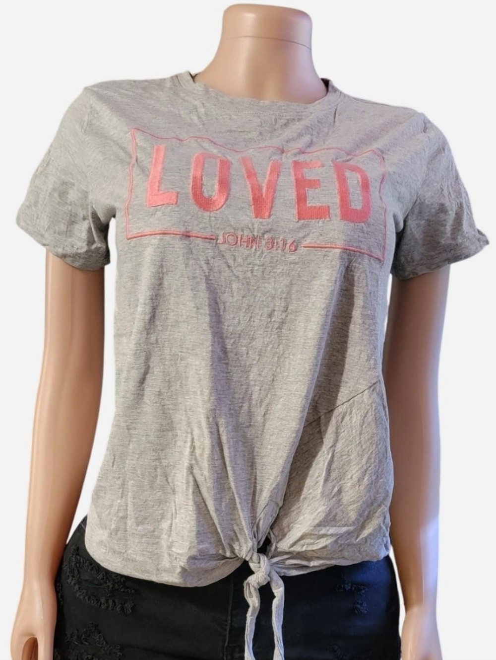 Loved Graphic Tie-Front Tank - Gray with Pink Text